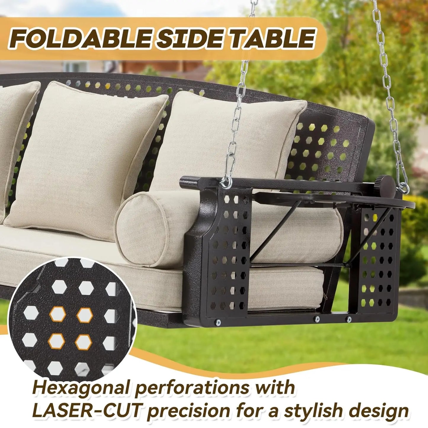 Outdoor Porch Swing Bench With Cup Holders And Back Cushions