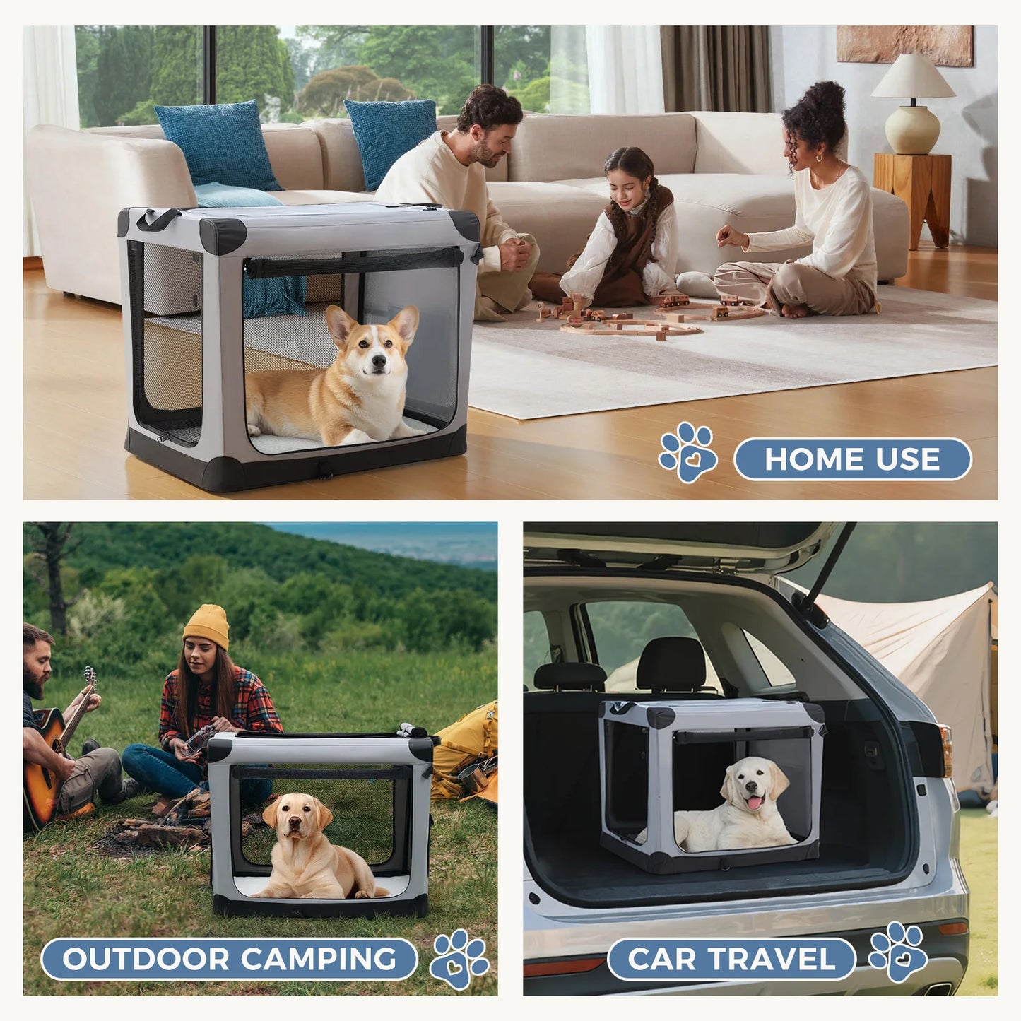 JHK Foldable Soft Dog Crate With 3 Doors