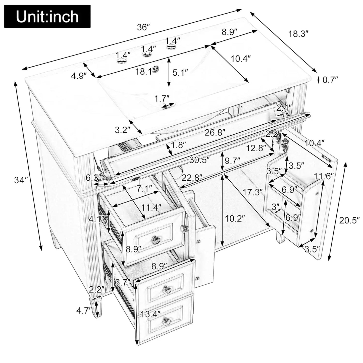 Free Standing Bathroom Vanity With Sink And Ceramic Basin