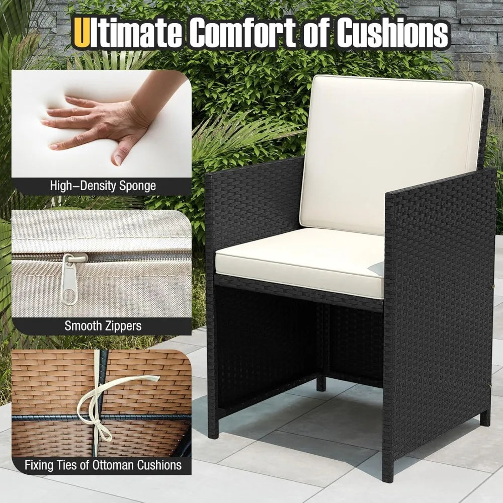 9 Piece Outdoor Patio Dining Set Rattan Chairs With Tempered Glass Table Ottoman