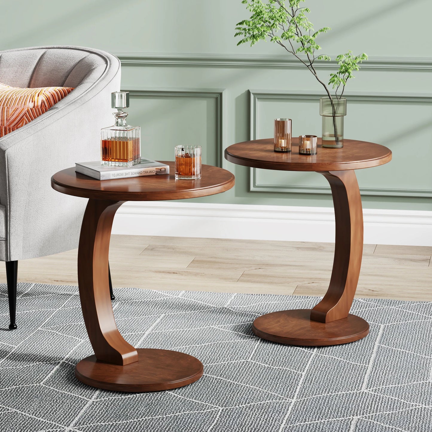 Tribesigns Round End Table C Shaped Wood Side Table