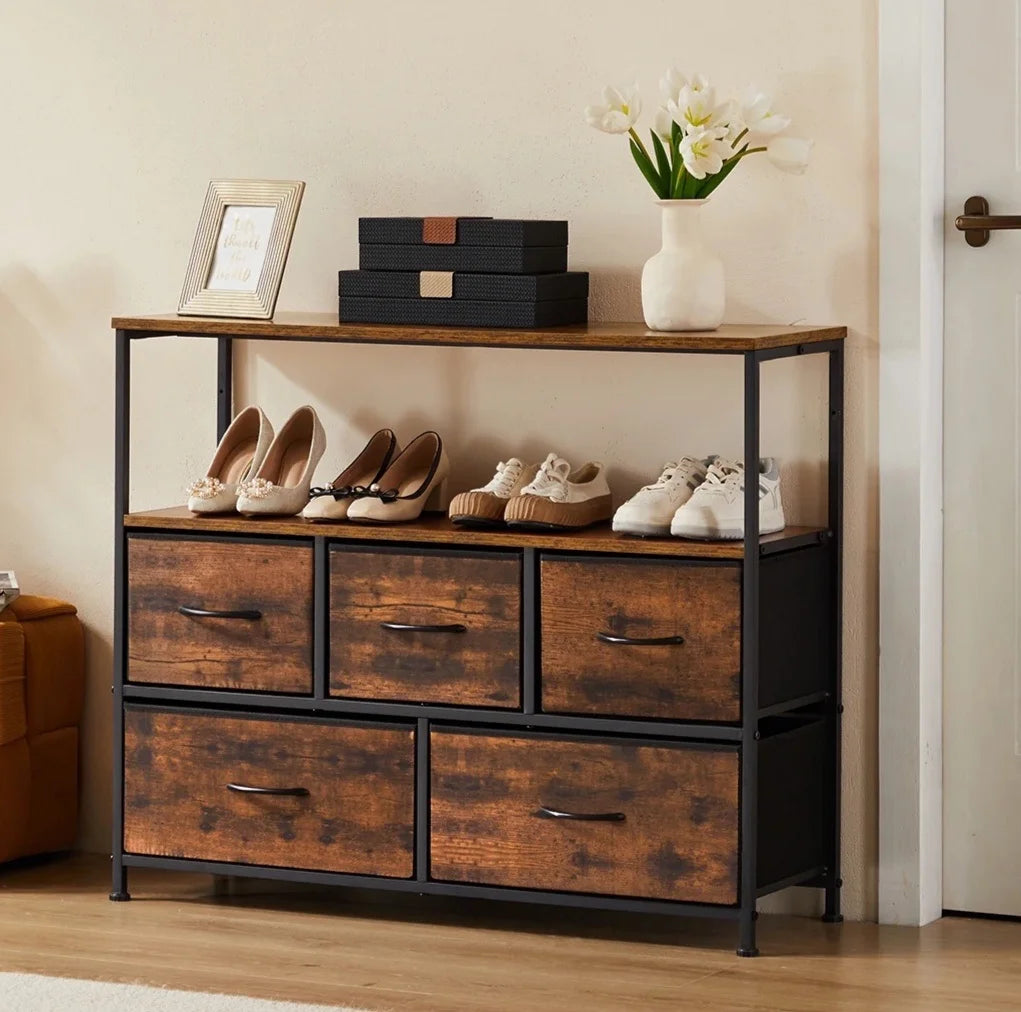 JHK Shoe Cabinet Dresser With Five Fabric Drawers And TV Stand