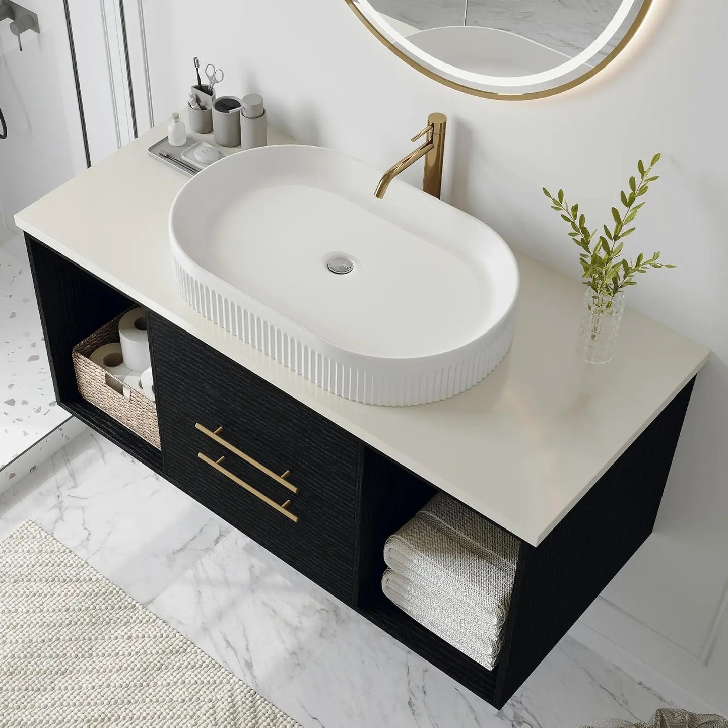 Modern Floating Bathroom Vanity With Ceramic Sink And Wood Cabinet