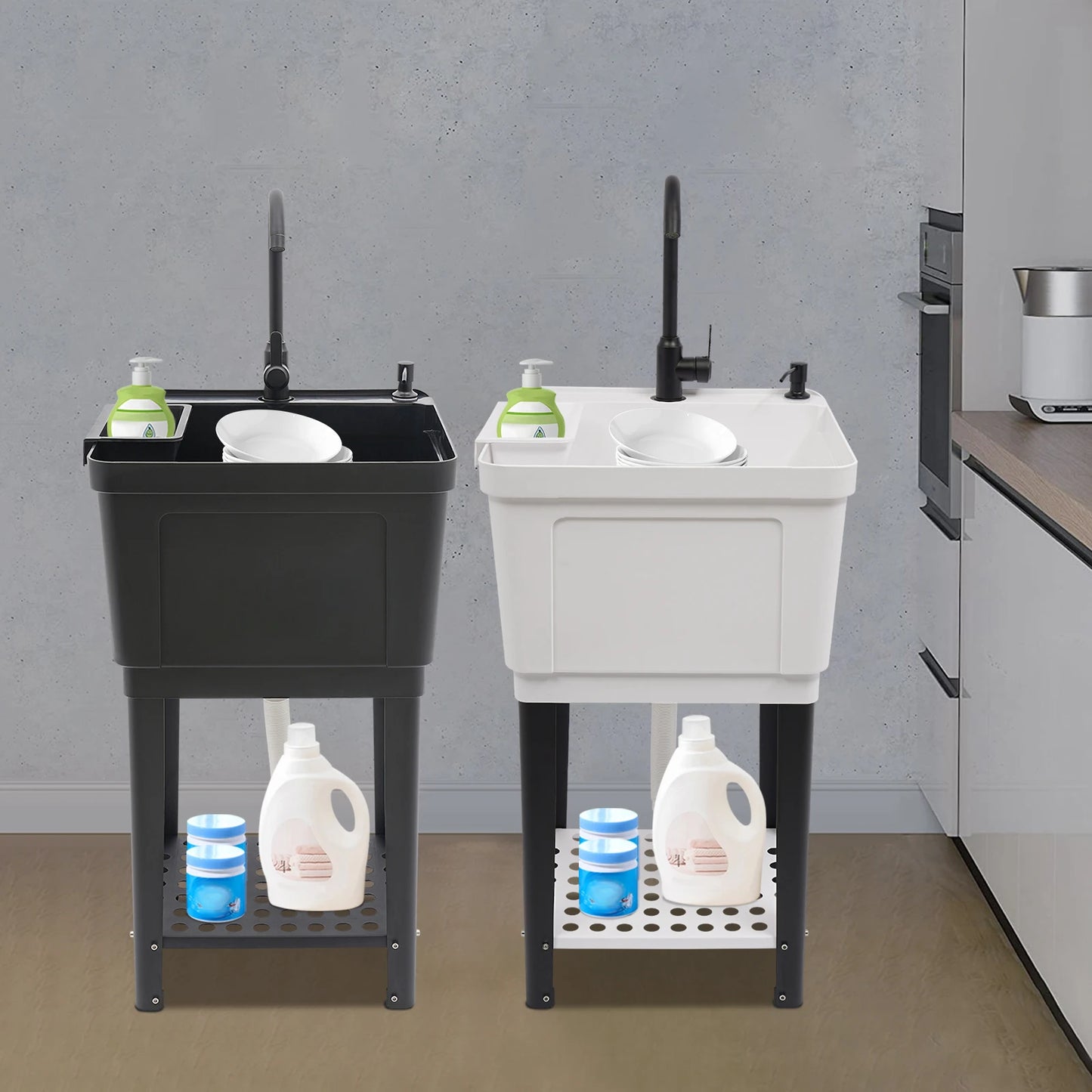 Freestanding Laundry Sink With Soap Dispenser And Storage Rack