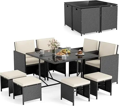 9 Piece Outdoor Patio Dining Set Rattan Chairs With Tempered Glass Table Ottoman