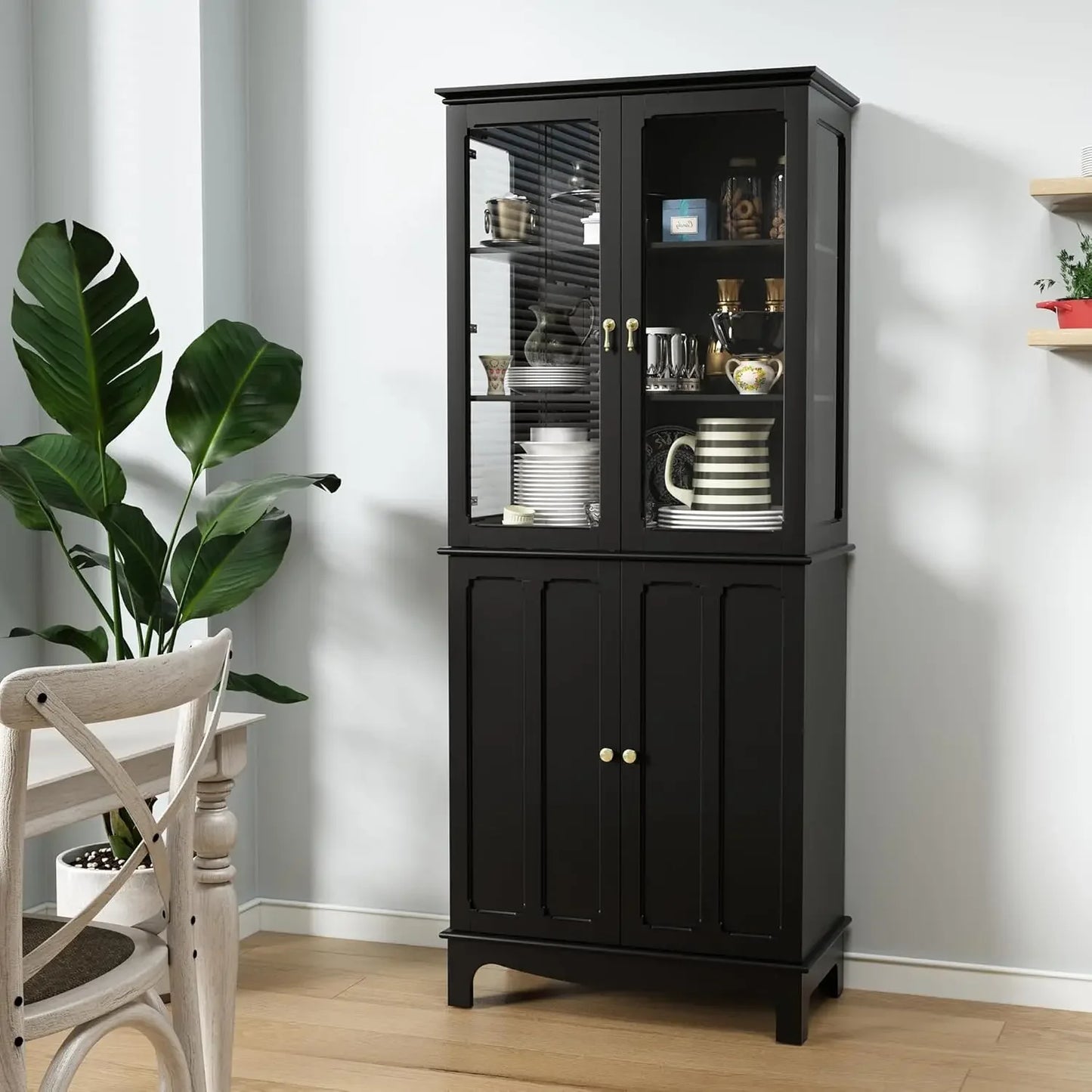 Freestanding Kitchen Pantry Cabinet With Glass Doors And Adjustable Shelves