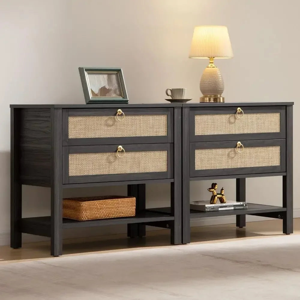 Pair Of Rattan Nightstands With Drawer And Open Shelf