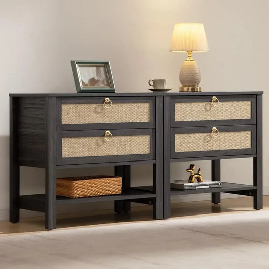Pair Of Rattan Nightstands With Drawer And Open Shelf