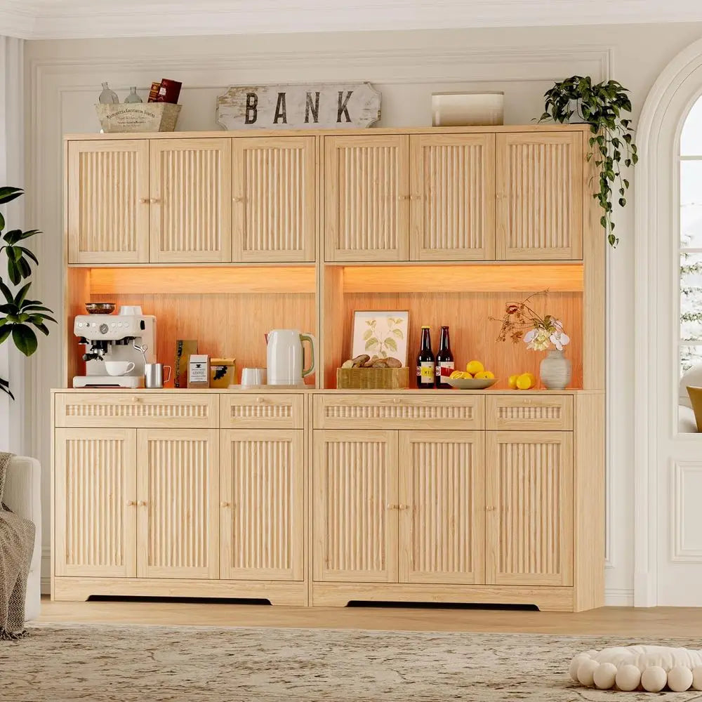 Illuminated Tall Kitchen Pantry Cabinet With Charging And Microwave Storage