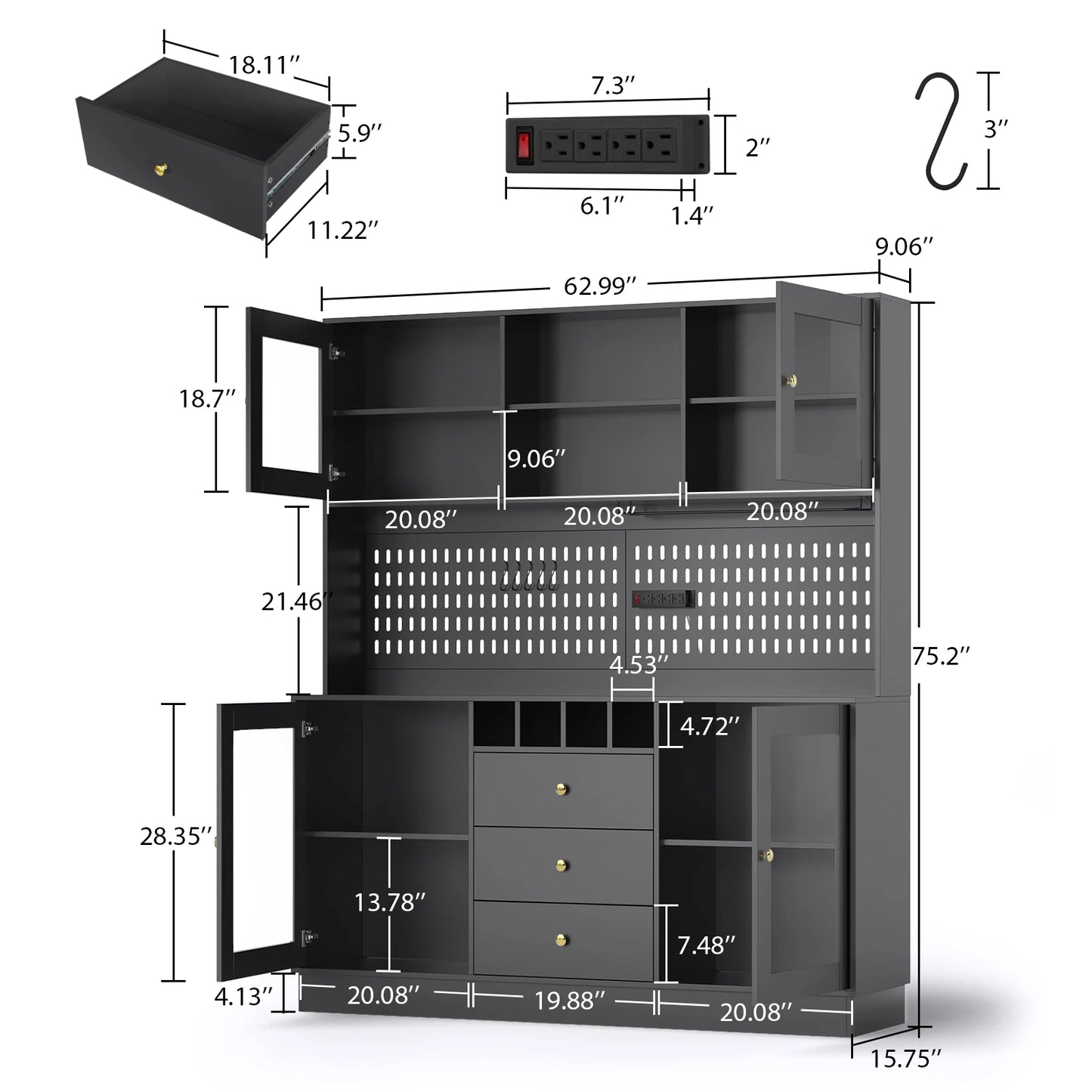 VOWNER Pantry Cabinet With Pegboard Cup Holder And Power Outlet