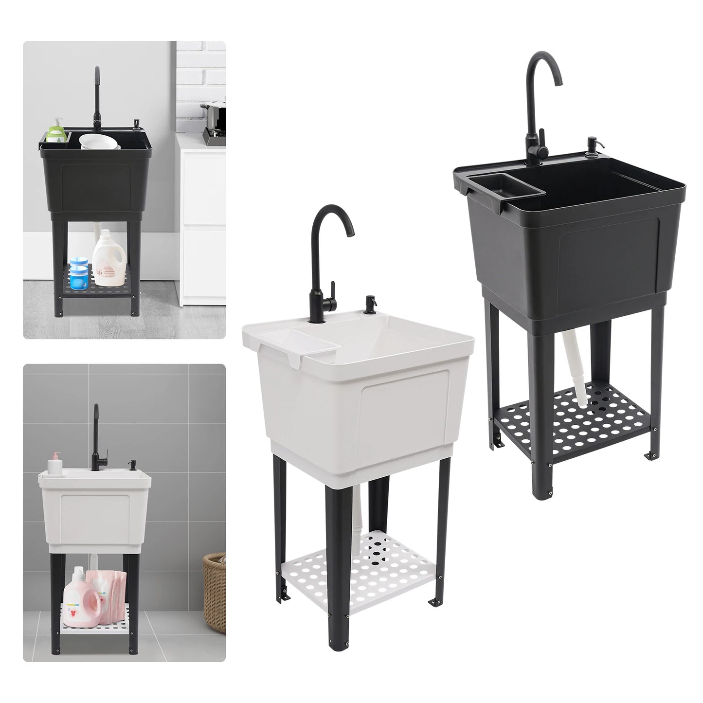 Freestanding Laundry Sink With Soap Dispenser And Storage Rack