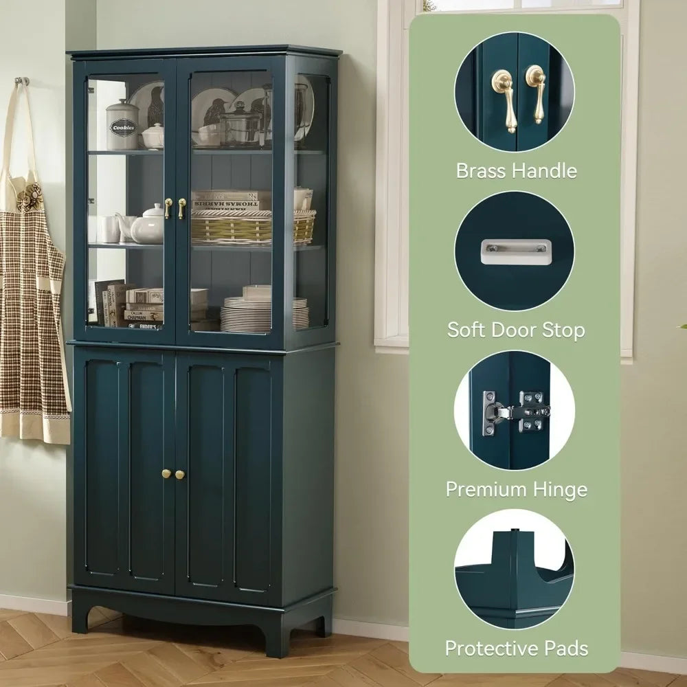 Freestanding Kitchen Pantry Cabinet With Glass Doors And Adjustable Shelves