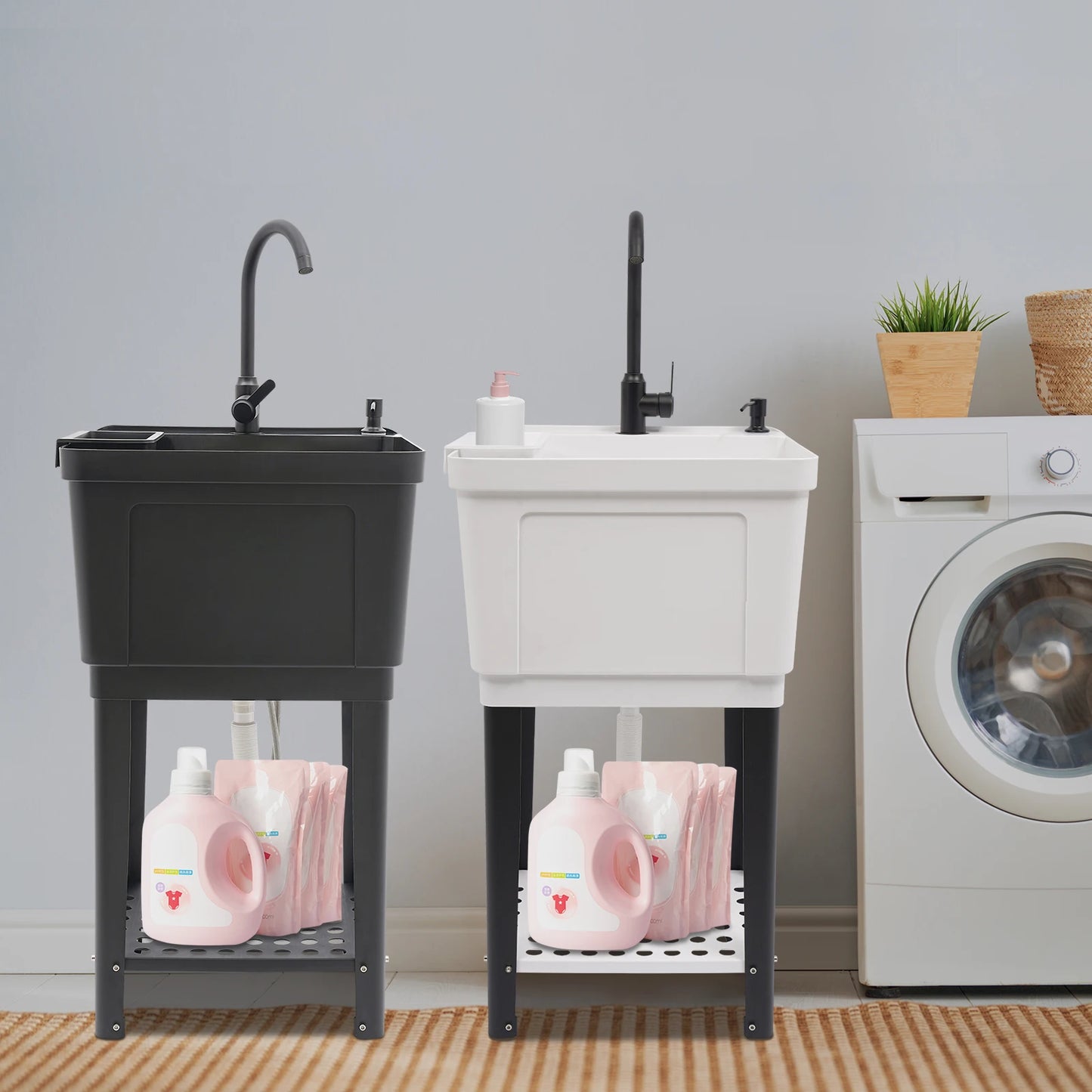 Freestanding Laundry Sink With Soap Dispenser And Storage Rack