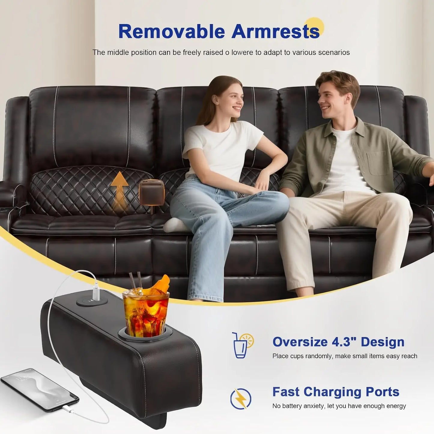Three Seat PU Leather Recliner Sofa With Console And USB Ports