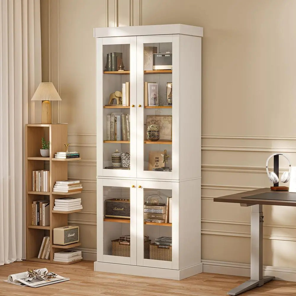 XMSJ Farmhouse Pantry Cabinet With Glass Doors And Adjustable Shelves