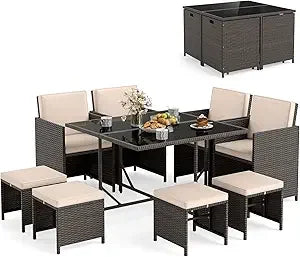 9 Piece Outdoor Patio Dining Set Rattan Chairs With Tempered Glass Table Ottoman