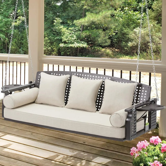 Outdoor Porch Swing Bench With Cup Holders And Back Cushions