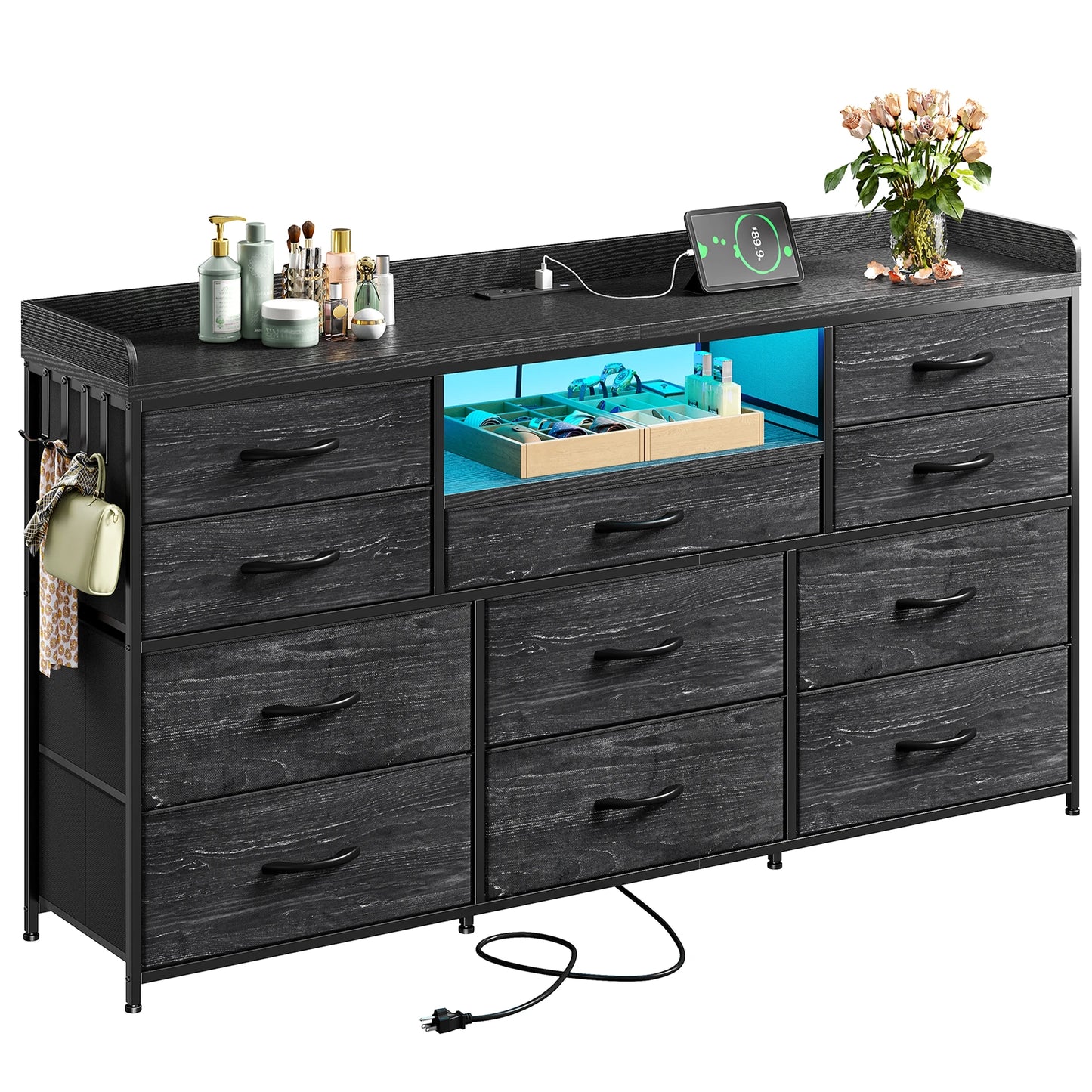 11-Drawer Dresser And TV Stand With LED Lights And Shelves