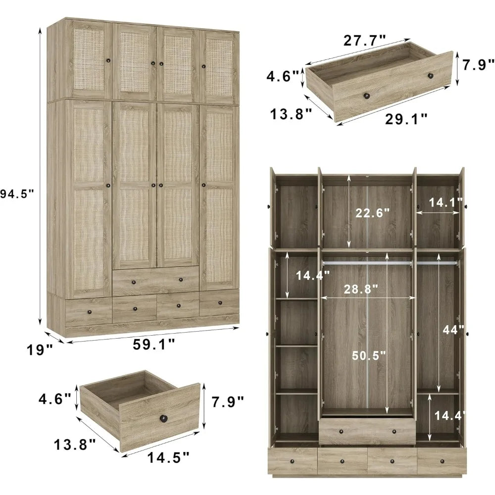 RBXC 8 Door Wardrobe Armoire With Rattan Doors And Drawers