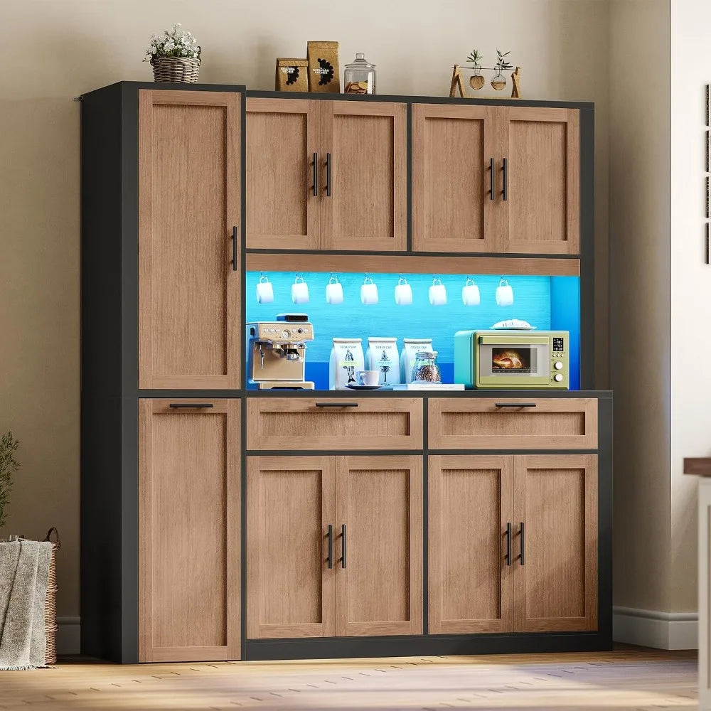 Kitchen Pantry Cabinet With Microwave Stand And Charging Station And LED Light