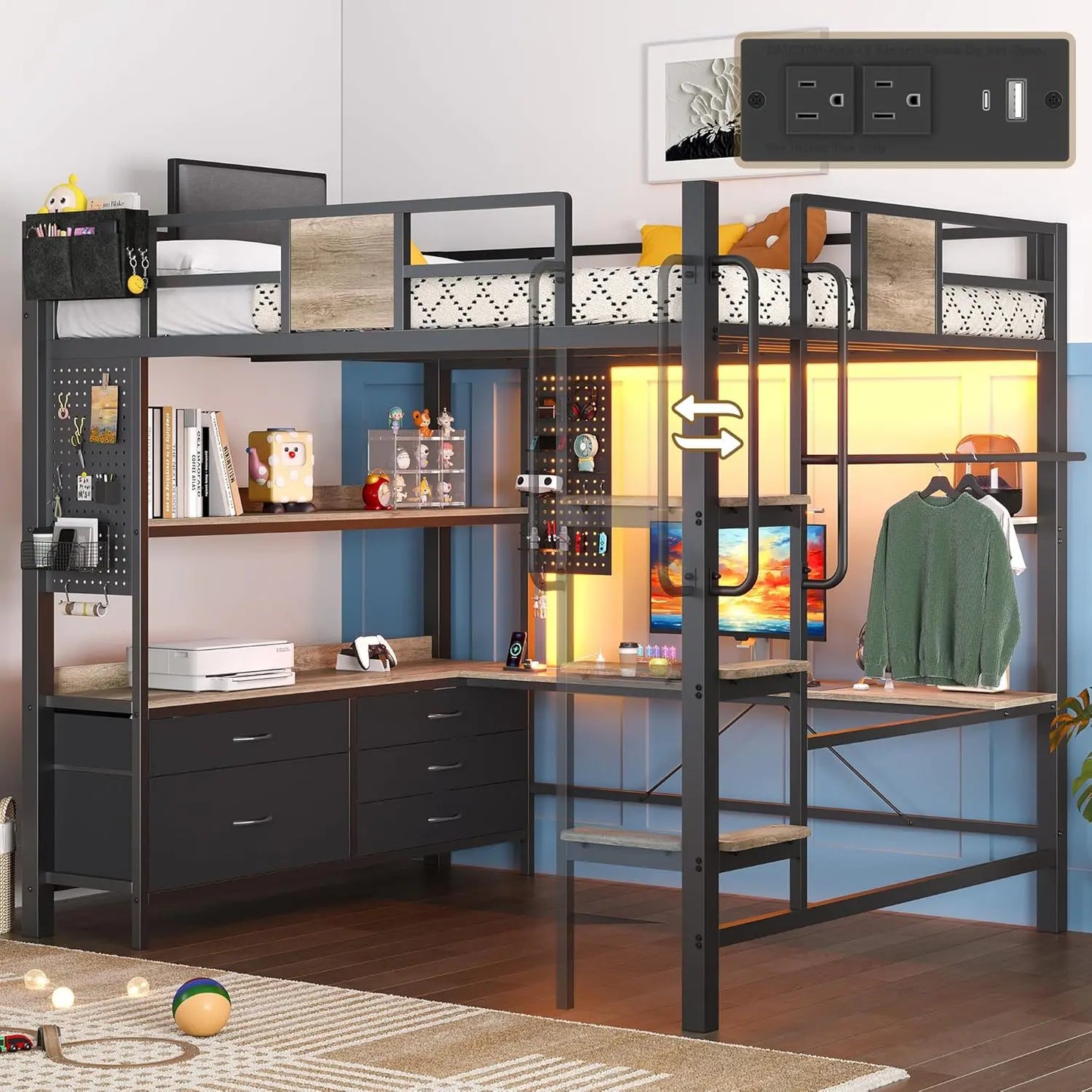 Dnxao Full Loft Bed With Desk Storage Drawers LED Lights