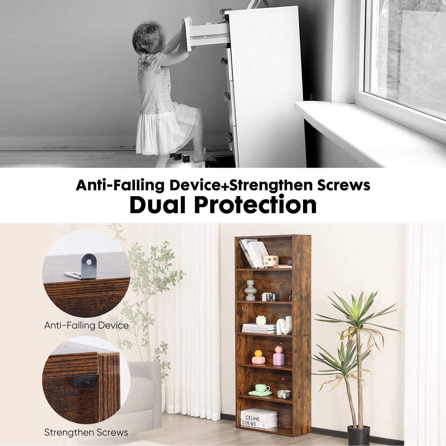 JHK 6 Tier Wooden Bookshelf