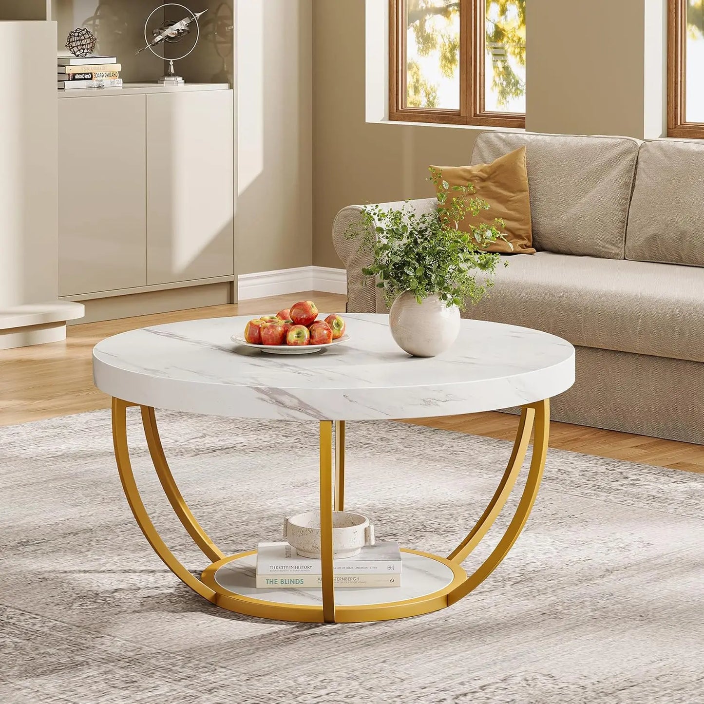 Little Tree Circle Marble Coffee Table With Metal Legs