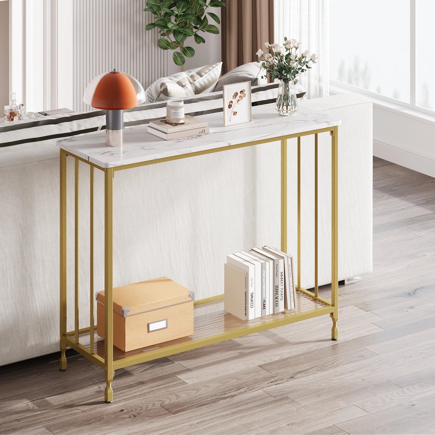 HobbyLane Console Table With Glass Shelf Entryway Metal Frame