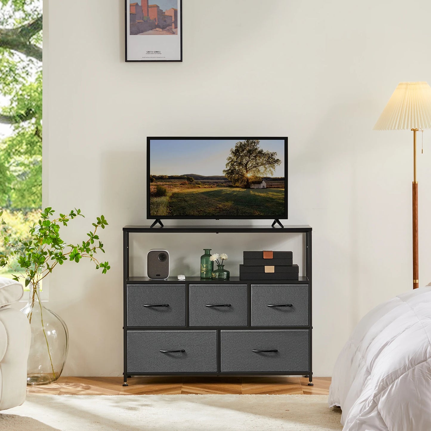 JHK Shoe Cabinet Dresser With Five Fabric Drawers And TV Stand
