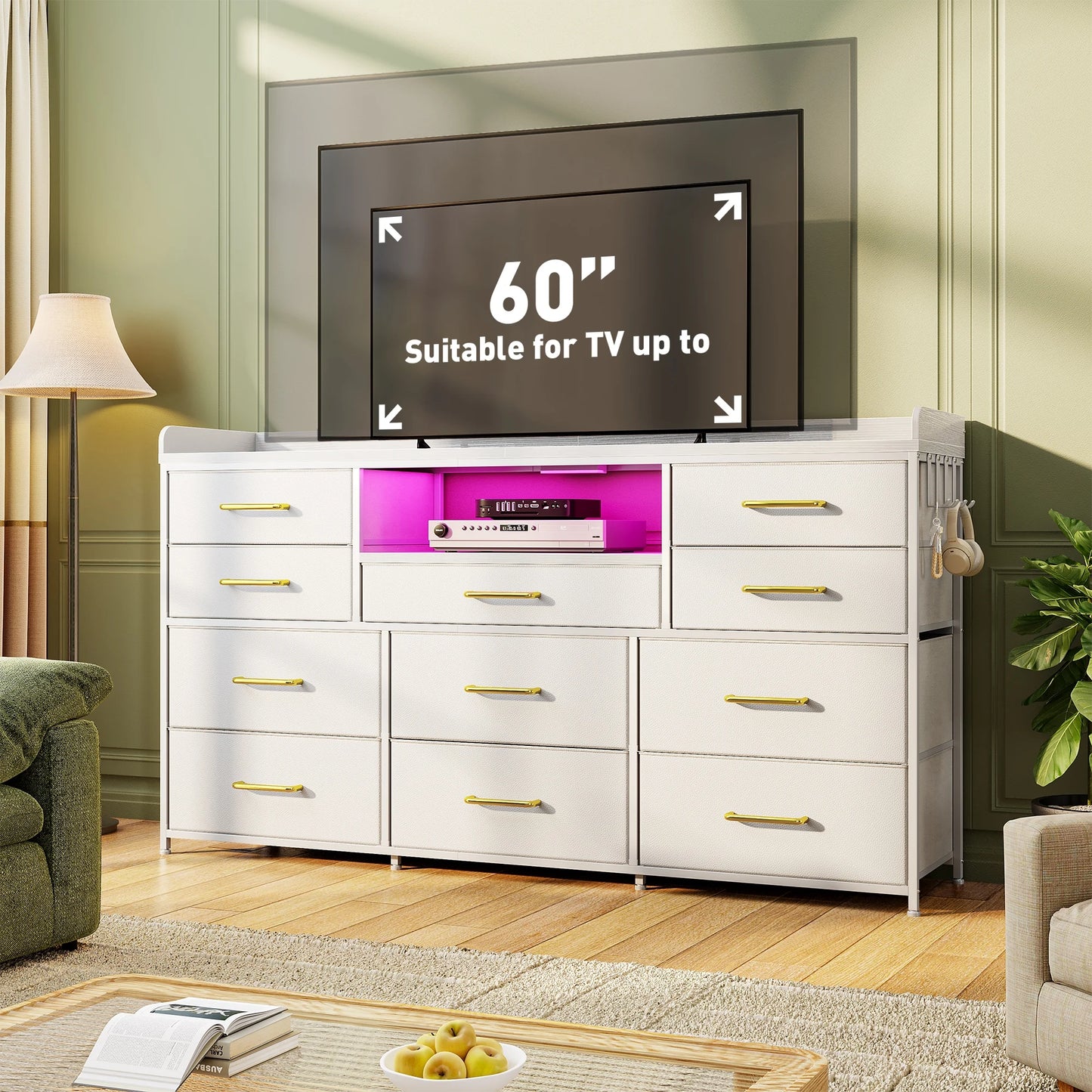 11-Drawer Dresser And TV Stand With LED Lights And Shelves