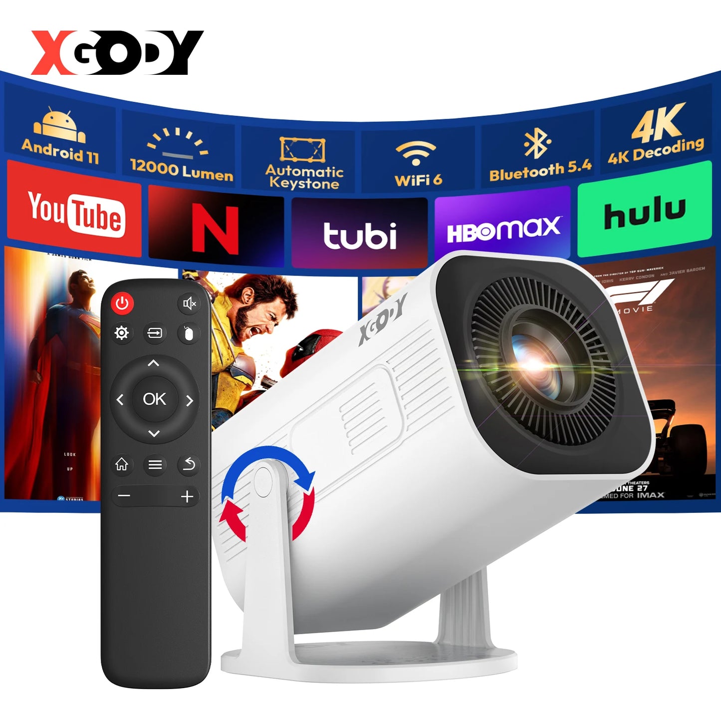 XGODY 4K Projector With 12000 Lumen Brightness And WiFi