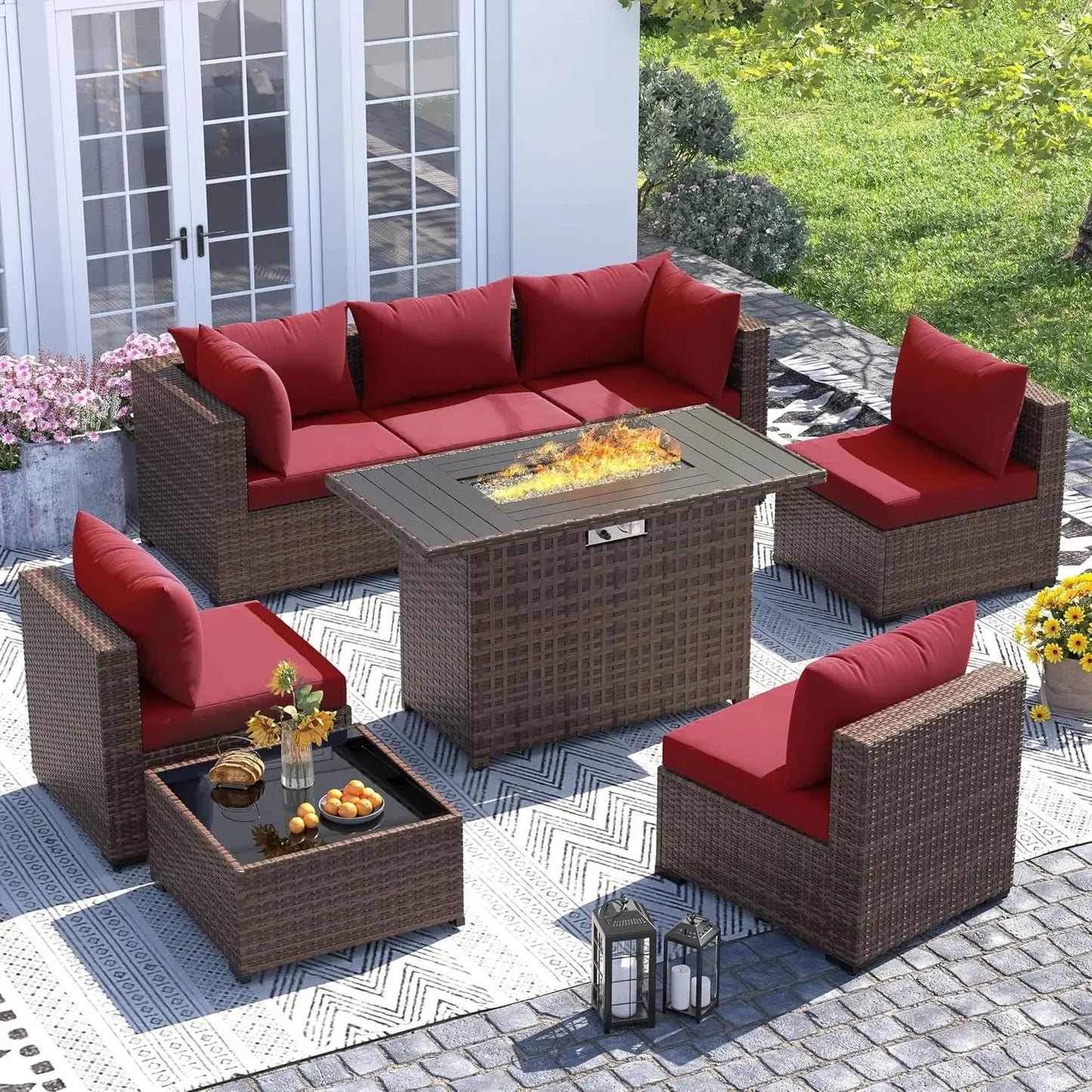 Outdoor 8-Piece Fire Pit Patio Set With All-Weather Wicker