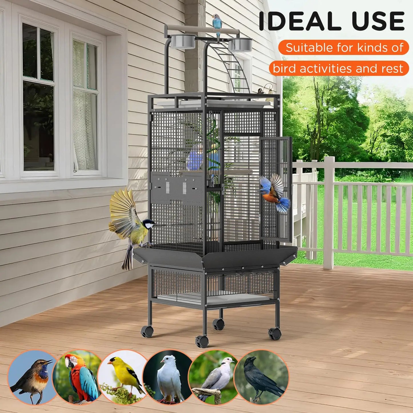 HiMISS Parrot Cage With Play Top Rolling Stand For Birds