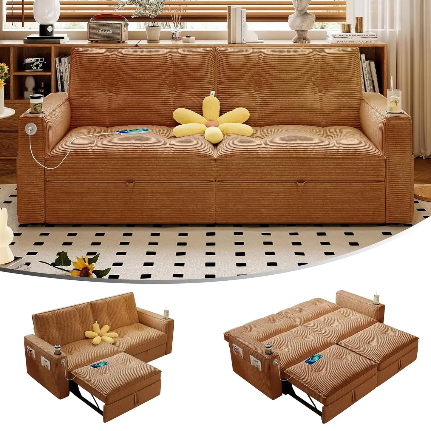 GUANGBAI Modern Sofa Bed Loveseat Sleeper With USB Pockets