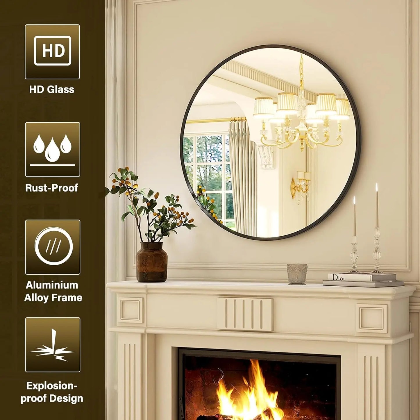 Round Metal Wall Mirror Matte Finish For Entryway Bathroom Living Room Decor