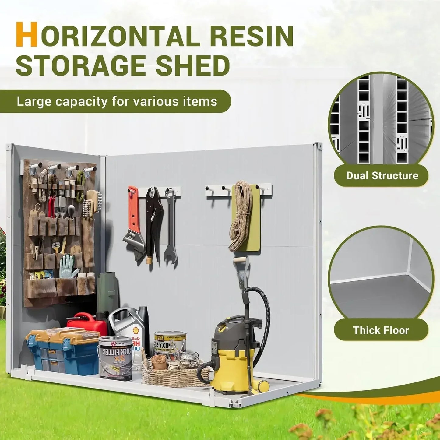 Weatherproof Resin Horizontal Storage Shed With Thickened Floor And Gas Spring