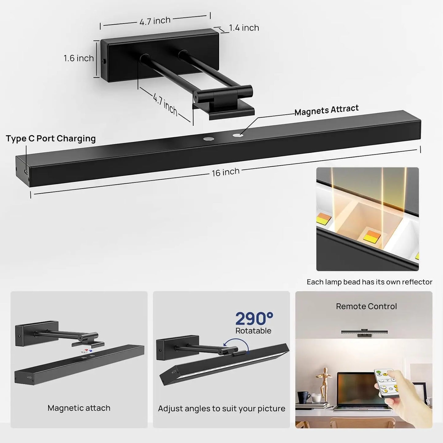 PRTILOUD Wireless Art Light Dimmable Battery Powered Picture Light Remote