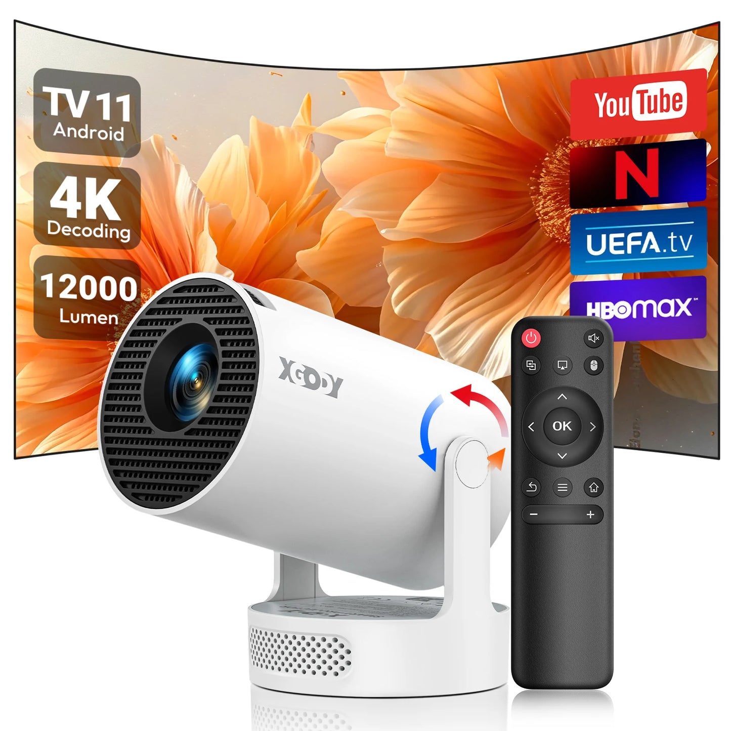 XGODY 4K Projector With 12000 Lumen Brightness And WiFi